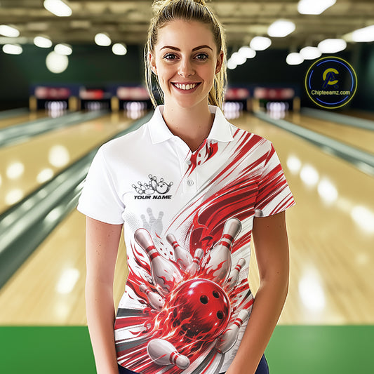 Custom White And Red Flame Bowling Team Jerseys, Bowling League Women Polo Shirt IPHW11642