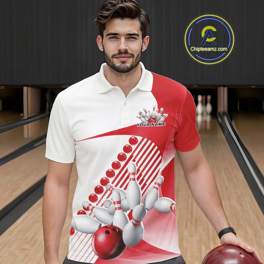 Male model in a bowling lane wearing a white and red polo shirt with flowing geometric stripe accents and a bowling strike graphic.