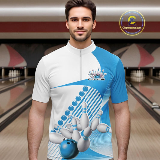 Male model in a bowling lane wearing a white and light blue quarter zip shirt with wavy stripe accents and a dynamic bowling strike design.
