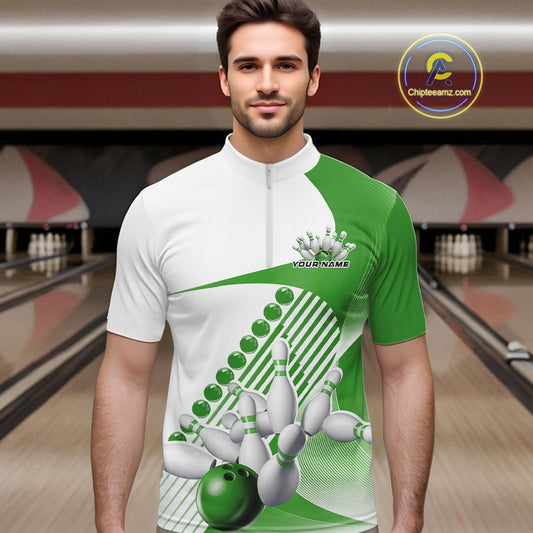 Male model in a bowling alley wearing a white and green quarter zip shirt, showcasing wavy geometric stripe accents with a dynamic bowling strike design.
