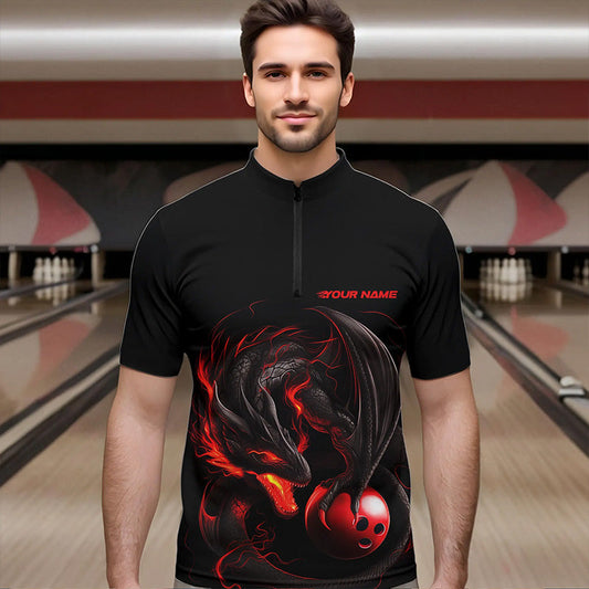 Custom Black And Red Dragon Bowling Quarter-Zip Shirts For Men, Dragon Bowling Tournament Team Shirt IPHW8418