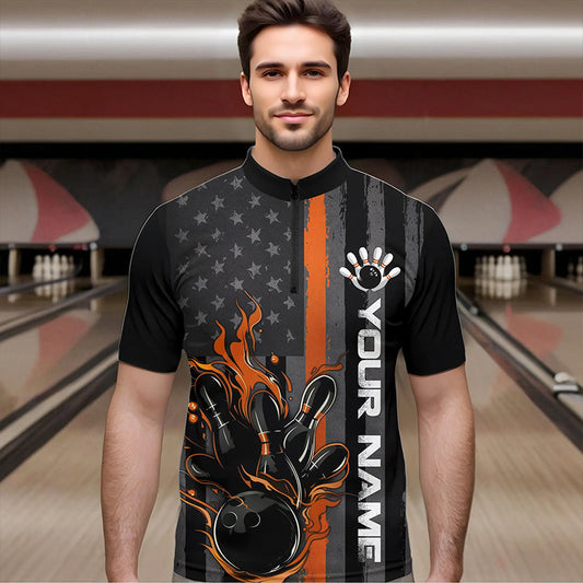 Orange Line American Flag Custom Patriotic Flame Bowling Quarter-Zip Shirt For Men, US Bowling Shirt IPHW8635