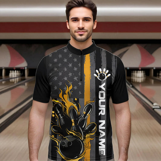 Yellow Line American Flag Custom Patriotic Flame Bowling Quarter-Zip Shirt For Men, US Bowling Shirt IPHW8636