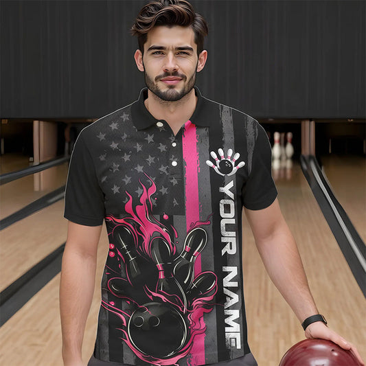 Pink Line American Flag Custom Patriotic Flame Bowling Polo Shirts For Men, US Bowling Shirt IPHW8637