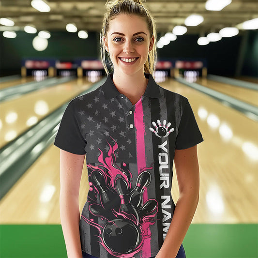 Pink Line American Flag Custom Patriotic Flame Womens Bowling Polo Shirt, US Bowling Shirt IPHW8637
