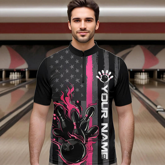 Pink Line American Flag Custom Patriotic Flame Bowling Quarter-Zip Shirts For Men, US Bowling Shirt IPHW8637