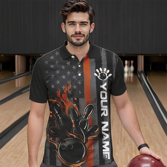 Brown Line American Flag Custom Patriotic Flame Bowling Polo Shirts For Men, US Bowling Shirt IPHW8638
