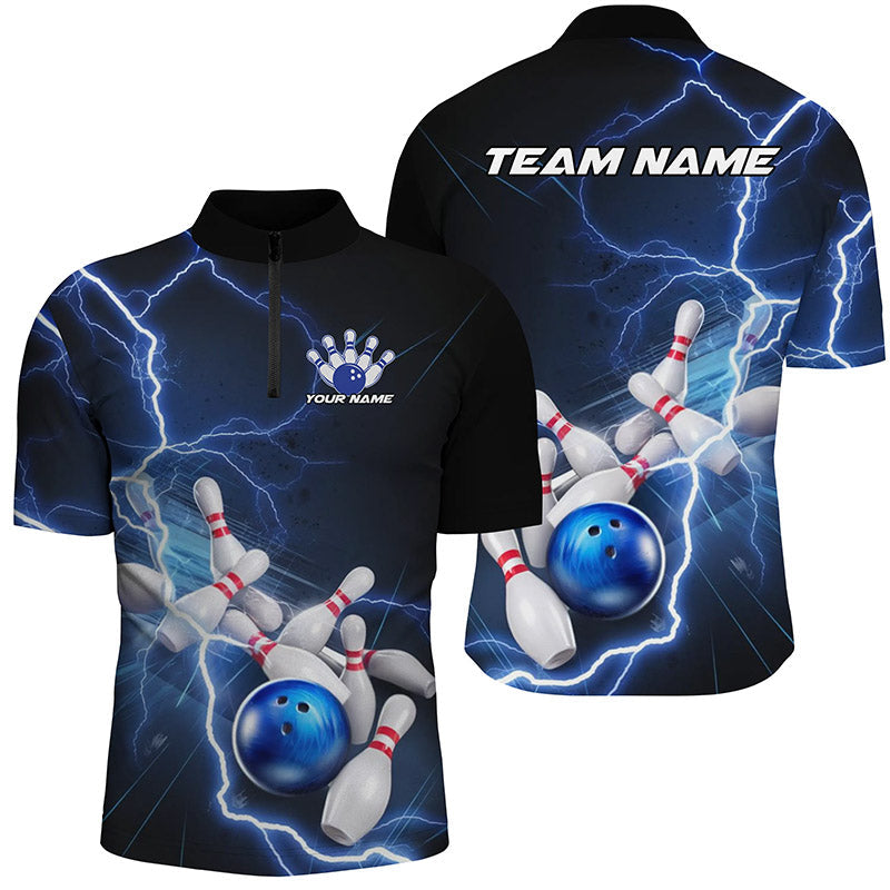 Black And Blue Thunder Lightning Custom Striking Bowling Shirts For Men, Bowling Team Uniform IPHW7540