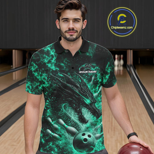 Custom Black And Green Flame Dragon Bowling Men Polo Shirt, Dragon Bowling League Shirt IPHW10280