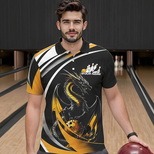 Custom Black And Gold Dragon Bowling Jerseys, Dragon Bowling Team Polo Shirts For Men IPHW8651