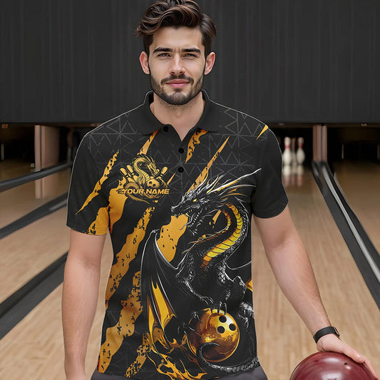 Custom Black And Gold Dragon Bowling Team Polo Shirts For Men, Dragon Bowling Jerseys IPHW8923