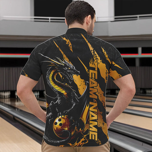 Custom Black And Gold Dragon Bowling Team Quarter-Zip Shirts For Men, Dragon Bowling Jerseys IPHW8923