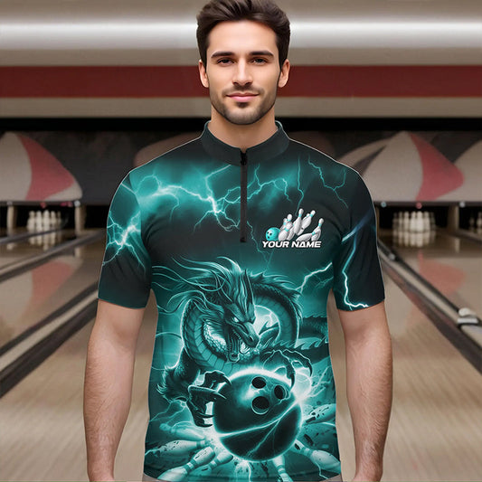 Custom Black And Blue Thunder Lightning Dragon Bowling Quarter-Zip Shirts For Men, Team Uniform IPHW8680