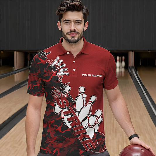 Custom Red Camo Strike Bowling Polo Shirts For Men, Strike Team Bowling League Shirt Shirt IPHW8443