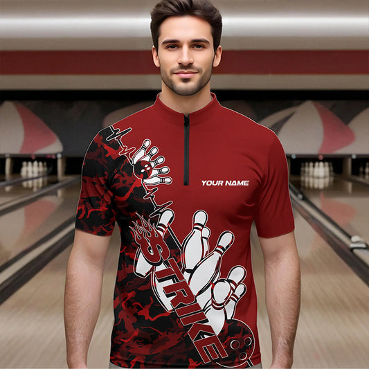 Custom Red Camo Strike Bowling Quarter-Zip Shirts For Men, Strike Team Bowling League Shirt Shirt IPHW8443
