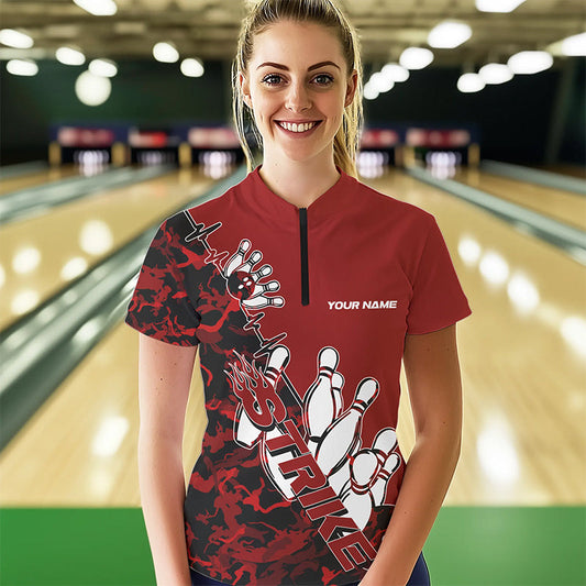 Custom Red Camo Strike Womens Bowling Quarter-Zip Shirts, Team Bowling League Shirt Shirt IPHW8443