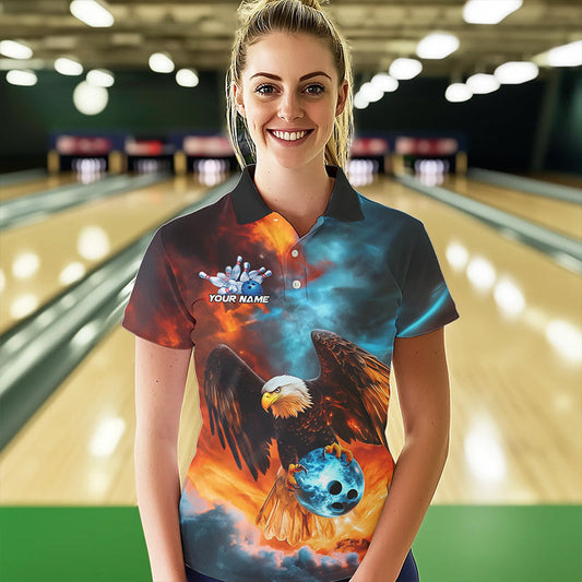 Blue And Orange Custom Flame Eagle Bowling Polo Shirts For Women, Bowling Team Shirt IPHW8449