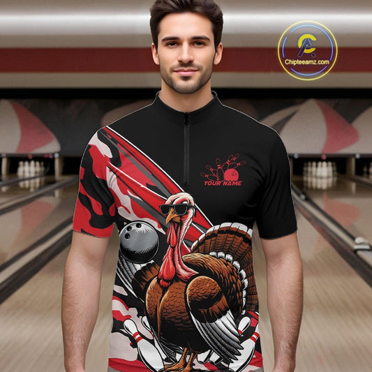 Custom Red Camo Funny Turkey Bowling Team Shirt For Men, Turkey Bowling Jerseys IPHW10550
