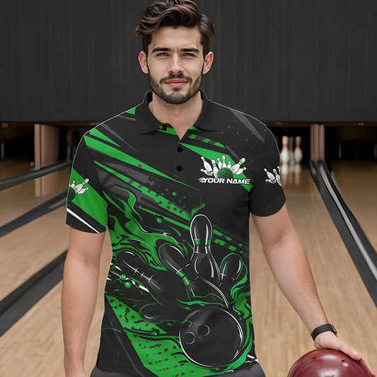 Custom Black And Green Flame Men Bowling Polo Shirts, Fire Bowling Ball Bowling Team Shirt IPHW8699