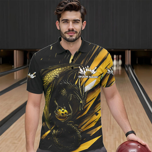 Black And Yellow Custom Dragon Bowling Team Polo Shirts For Men, Bowling League Shirt IPHW8967