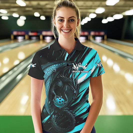 Black And Blue Custom Dragon Bowling Team Polo Shirts For Women, Bowling League Shirt IPHW8968