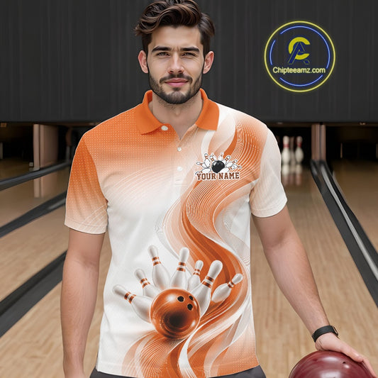 Front view of a male model wearing a white and orange bowling polo shirt with elegant wave patterns and a glossy bowling strike design