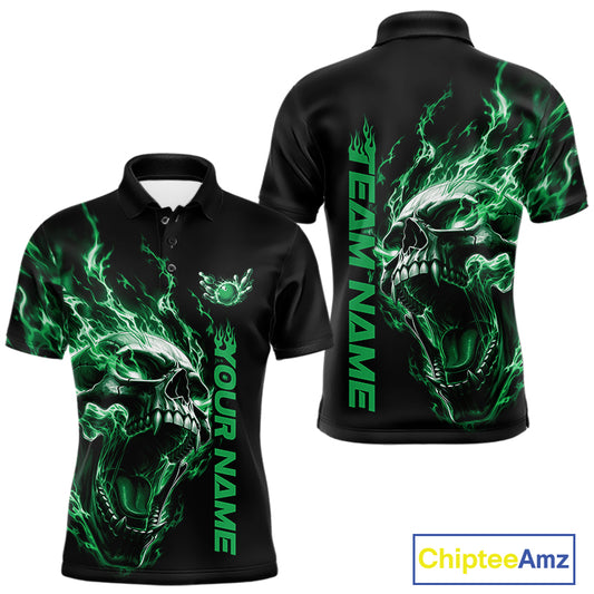 Product mockup showing a black short-sleeve bowling shirt with glowing green flames, a large skull design, and customizable name and team text.