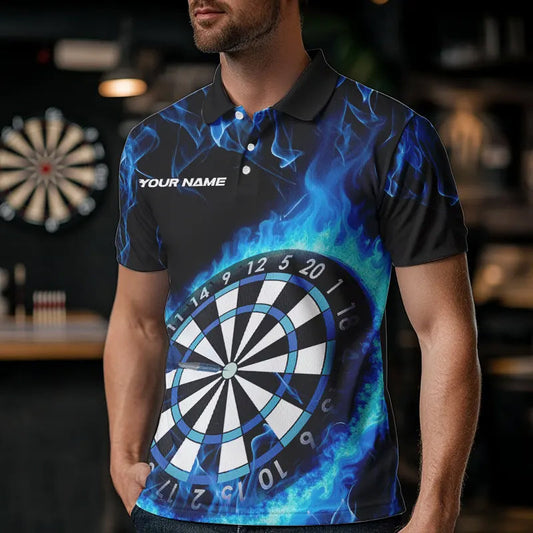 Custom Black And Blue Fire Flame Dartboard Dart Polo Shirts For Men, Dart Tournament Shirt IPHW8493
