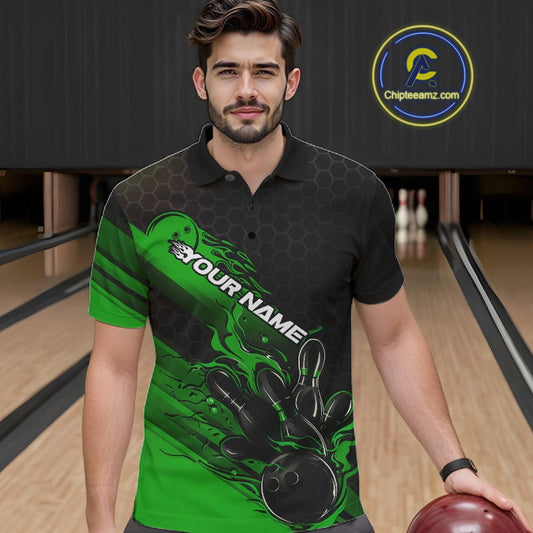 Custom Black And Green Flame Bowling Team Shirts, Bowling League Shirt Men Bowling Jersey IPHW10578