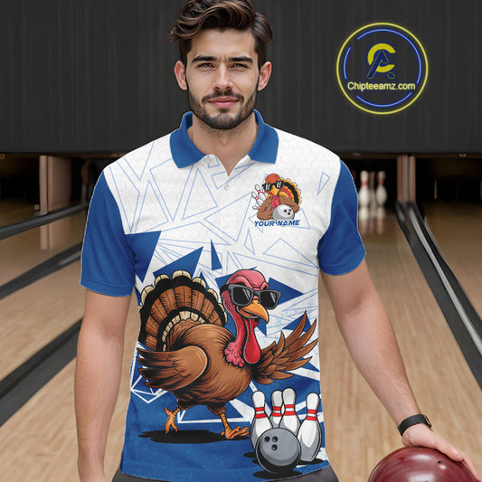 White And Blue Custom Funny Turkey Bowling Men Shirt, Bowling League Team Shirt IPHW10805