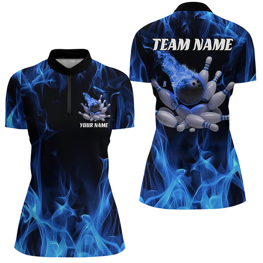 Blue Fire Bowling Ball And Pins Custom Shirts For Women, Flame Bowling Team Jerseys IPHW6700