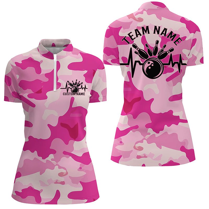 Bowling Heartbeat Pulse Line Blue Pink Camo Custom Bowling Team Shirts For Women IPHW6703