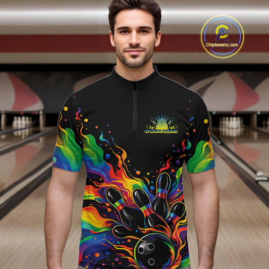 Custom Colorful Rainbow Colors Flame Bowling Men Quarter-Zip Shirt, Bowling Tournament Shirt IPHW10307