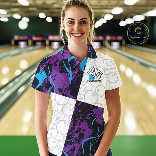 Custom Blue And Purple Camo Bowling Team Shirt For Women, Camouflage Bowler Outfit IPHW10608