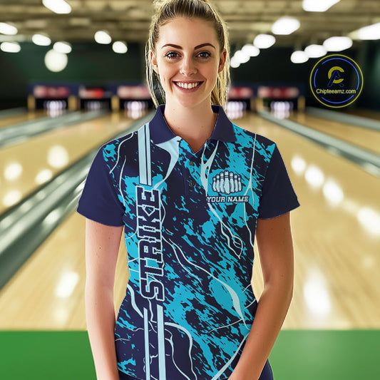 Custom Navy And Cyan Blue Camo Strike Bowling Shirt Women Bowling Team Jersey Bowling League IPHW10612