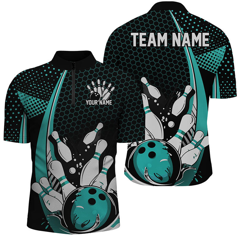 Custom Black And Blue Bowling Shirts For Men, Classic Retro Bowling Jerseys Bowlers Outfit IPHW7281