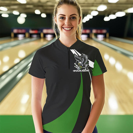 Custom Black And Green Eagle Bowling Women Quarter-Zip Shirts, Eagle Bowling Team Jerseys IPHW8735
