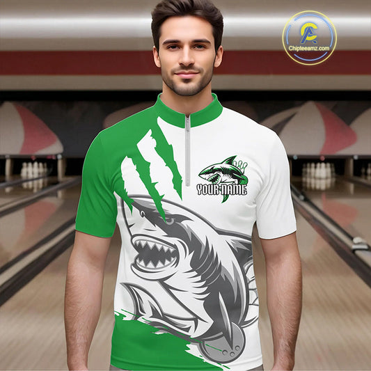 Custom White And Green Shark Jerseys, Shark Bowling Team Men Quarter-Zip Shirts Bowlers Outfit IPHW8989