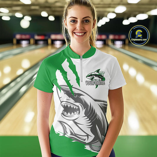 Custom White And Green Shark Jerseys, Bowling Team Women Quarter-Zip Shirt Bowlers Outfit IPHW8989