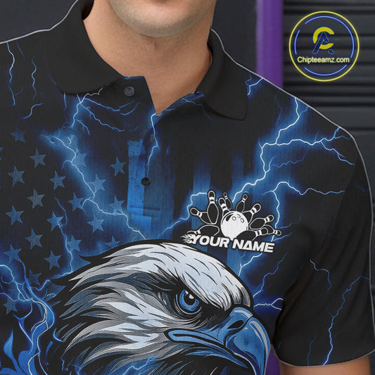 Custom Mid Blue Lightning Flame Eagle Men Bowling Shirt, Patriotic US Team Shirt IPHW10173