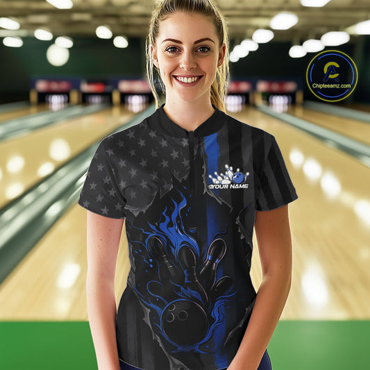 Custom Blue Thin Line American Flag Patriotic Flame Women Bowling Team Shirts IPHW10180