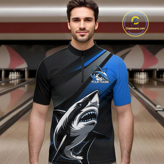 Custom Black And Blue Shark Bowling Jerseys, Bowling Team Uniform Shark Men Quarter-Zip Shirts IPHW9000