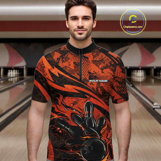 Custom Orange Camo Flame Bowling Men Quarter-Zip Shirts, Camouflage Bowling Team Jerseys IPHW10347