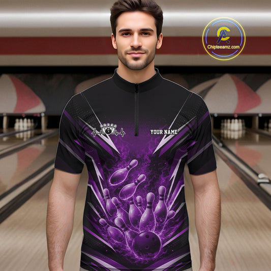 Male model in bowling lane wearing quarter-zip shirt with flaming bowling ball striking pins purple dynamic fire sports artwork