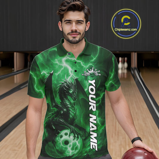 Custom Green Thunder Lightning Bowling Team Men Polo Shirt, Dragon Bowling Jerseys IPHW10199