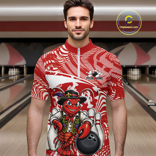Front view of a male model in a bowling alley wearing a red custom quarter-zip bowling shirt with a funny Cajun crawfish leaning on a bowling ball and a swamp-inspired texture background.