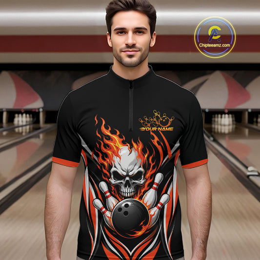 Custom Orange Flame Skull Bowling Men Quarter Zip Shirt, Halloween Bowling Jersey IPHW11698