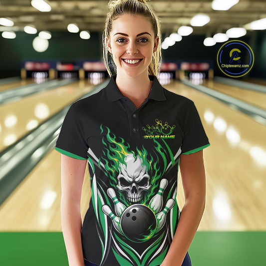 Custom Green Flame Skull Bowling Women Polo Shirt, Halloween Bowling Jersey IPHW11702