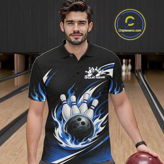 Custom Blue Flame Bowling Jerseys, Bowling Team Men Polo Shirt Bowlers Outfit IPHW11706