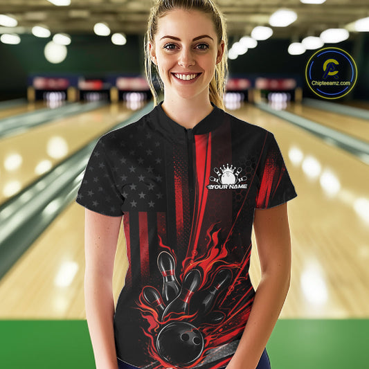 Custom Black And Red US Flag Patriotic Women Bowling Shirt, Flame Bowling Jerseys IPHW10640